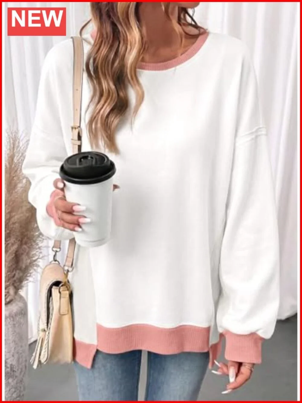 Waffle Knit Color Block Oversized Sweatshirt Crew Neck Pullover